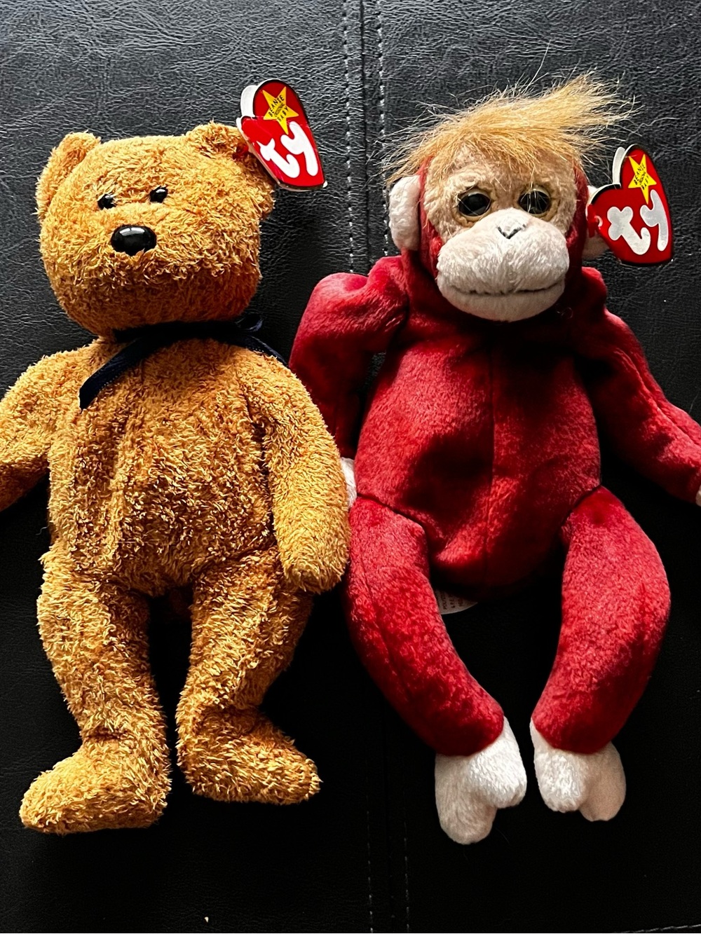 Ty Beanie Baby Plush Bear & Red Monkey Beanie Baby Duo